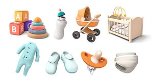 3D model baby 3d icon set with bed pacifier and feeding bottle