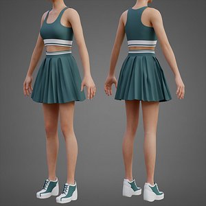 Sports Wear Tennis Outfit Set -  Sports Bra Tank Top with Pleated Mini Skirt Clothing