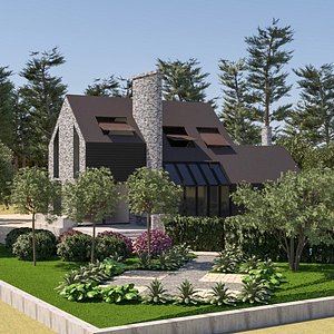 Modern Stone  Wood Luxury house with Pool exterior 3d scene