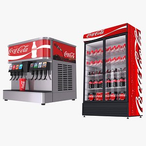 Soda Fountain Dispenser and Cola Cola Beverage Fridge 3D model