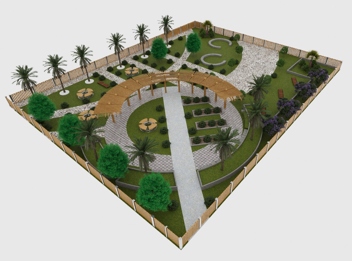 3D Model 3D Landscape Model With Palm Trees Greenery Pergola ...