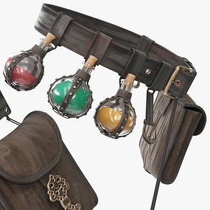 3D Fantasy Adventurer Utility Belt with Potion Vials