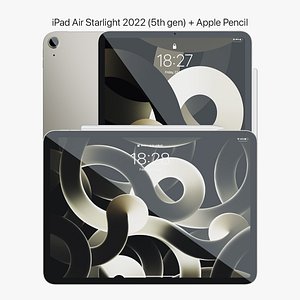 iPad Air 2022 Starlight With Apple Pencil 3D