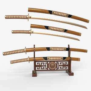 Brown Double Bladed Katana Wakizashi and Stand 3D model
