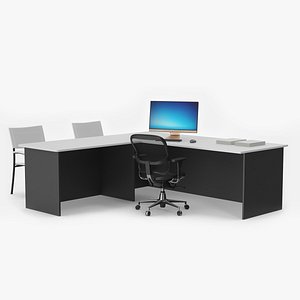 Office Desk with Chairs and Computer Setup 3D model