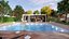 modern pool house with fireplace