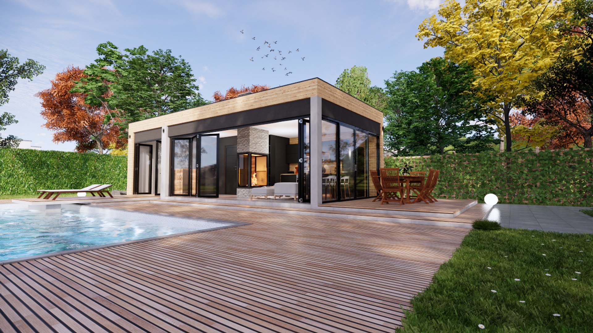 3D modern pool house fireplace - TurboSquid 1572587