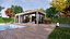 modern pool house with fireplace