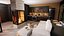 modern pool house with fireplace