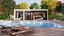 modern pool house with fireplace