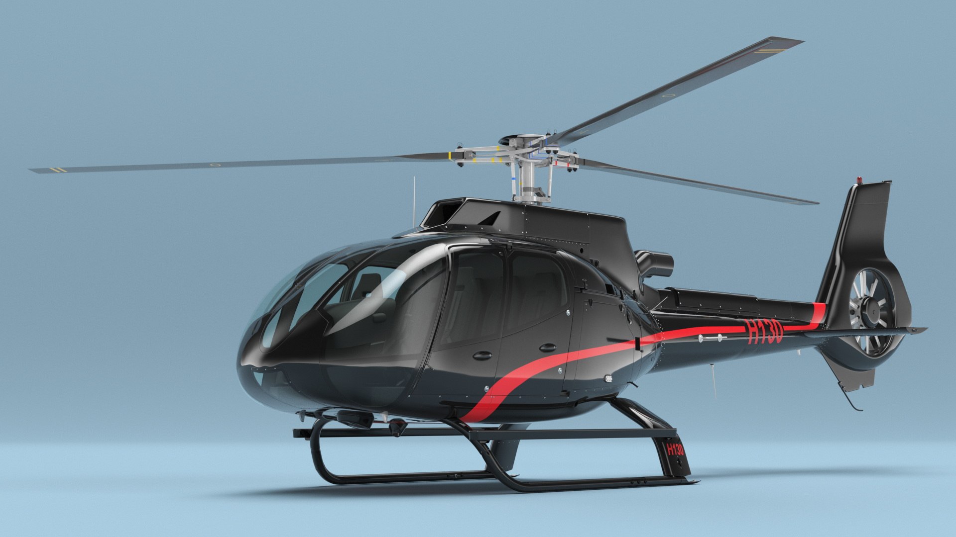 Airbus H130 Light Helicopter Black Red with Interior Rigged for Cinema 4D 3D model preview