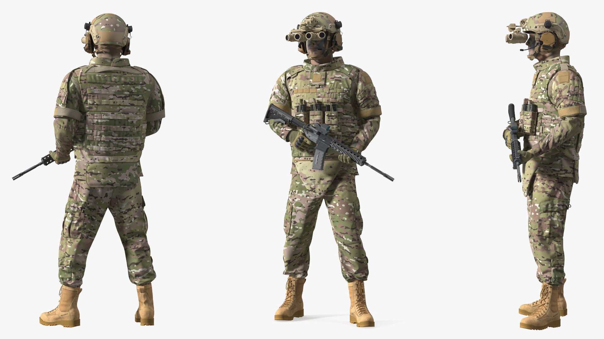 Soldier in Night Vision Goggles Green Camo Standing 3D model for tactical applications