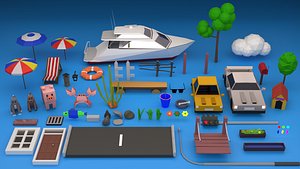 3D Low poly Assets Beach Farm House and Road model