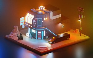 Isometric Low Poly Desert Night Club Scene 3D model