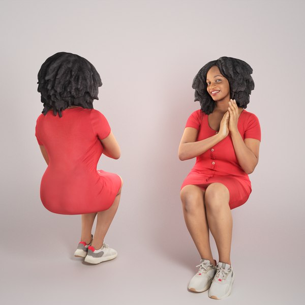 3D Sitting african-american woman in red dress 277 model