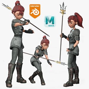 Cartoon Rigged Action Warrior Girl-China Character 3D Model