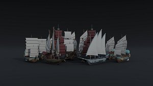 Low-poly Cartoon medieval ships asset Polygonal Style