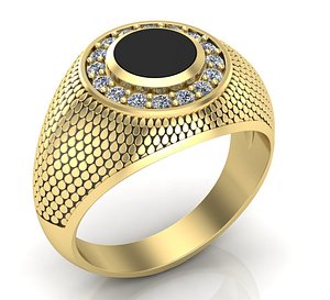 stylish mens signet ring with a pattern and a black stone 3D model
