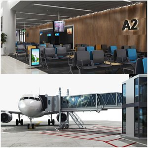 3D Airport Gate Interior and Exterior with Airplane model