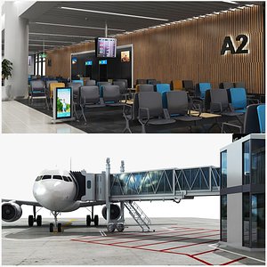 Airport Gate Interior and Exterior with Airplane