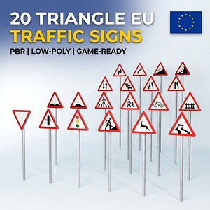 European Traffic Signs - 20 Triangle Road Signs Pack PBR Low-Poly