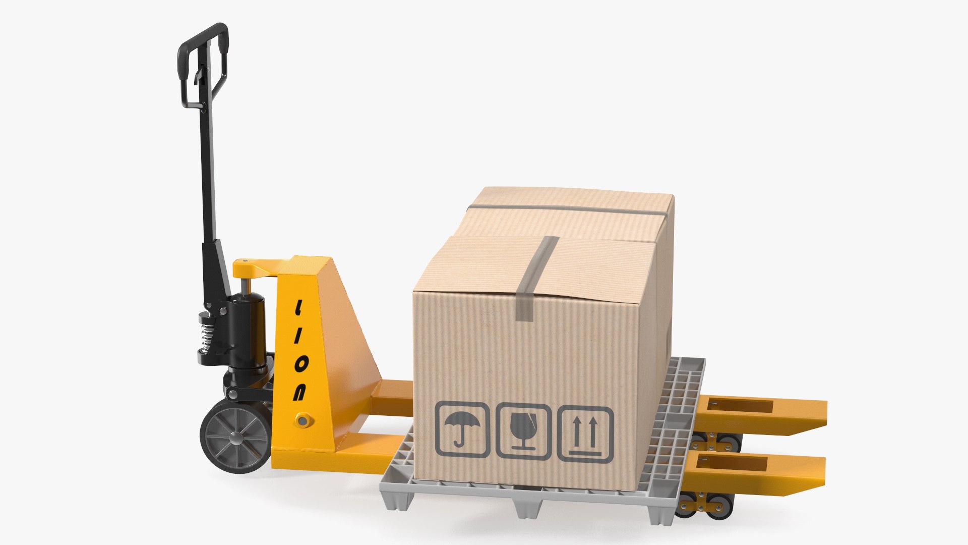 Hand Pallet Truck Lion with Boxes Rigged 3D model preview