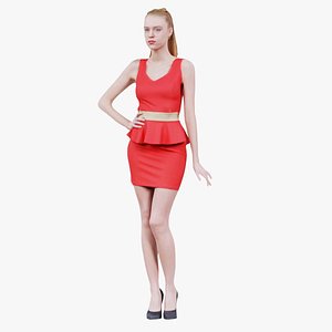 Woman in Red Dress Golden Belt and Heels Posing 2 Remastered 3D model