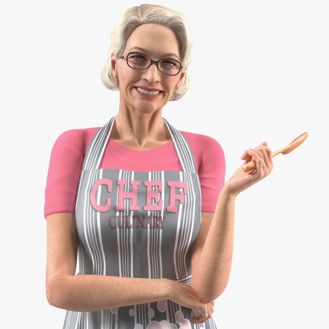 Elderly Woman Wearing Kitchen Apron Rigged for Maya