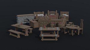 3D Low-poly cartoon medieval tavern interior asset model