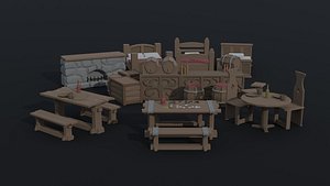 Low-poly cartoon medieval tavern interior asset Poly Style