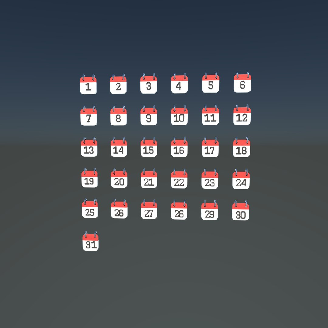 Calendar Icon 1- 31 3D model 3D model https://p.turbosquid.com/ts-thumb/Ey/bTCoxJ/VZ/calendaricon_1/jpg/1735920371/1920x1080/fit_q87/8e89eb0e30526cfbbd6ce2d6509a00d5d8f6da4e/calendaricon_1.jpg