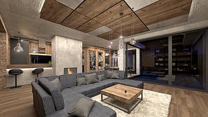 Industrial Living Room with Kitchen