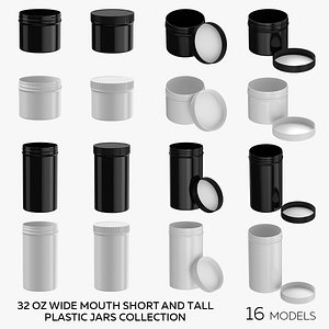 3D model 32 oz Wide Mouth Short and Tall Plastic Jars Collection - 16 models