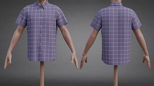 Plaid Short-Sleeve Formal Shirt - Male Check Dress Shirt 3D Model