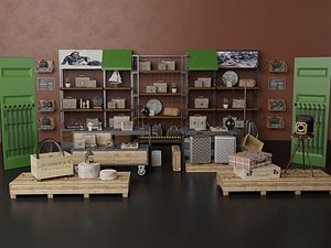 Vintage luggage and travel goods store display 3D model