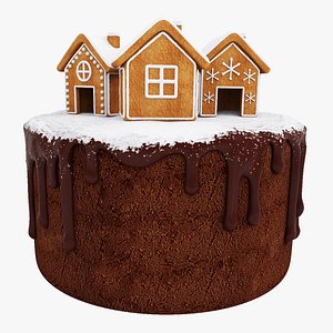Chocolate cake with gingerbread houses 3D model