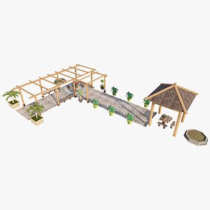 3D Rustic L Shaped Pergola with Thatched Gazebo