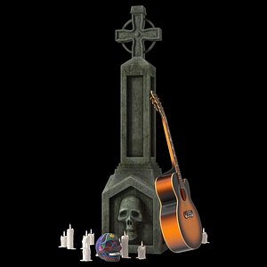 Graveyard Altar with Guitar Candles and Calavera