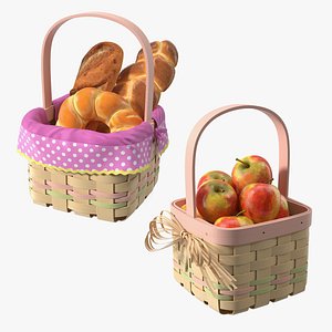 Wicker Baskets with Products Collection 3D