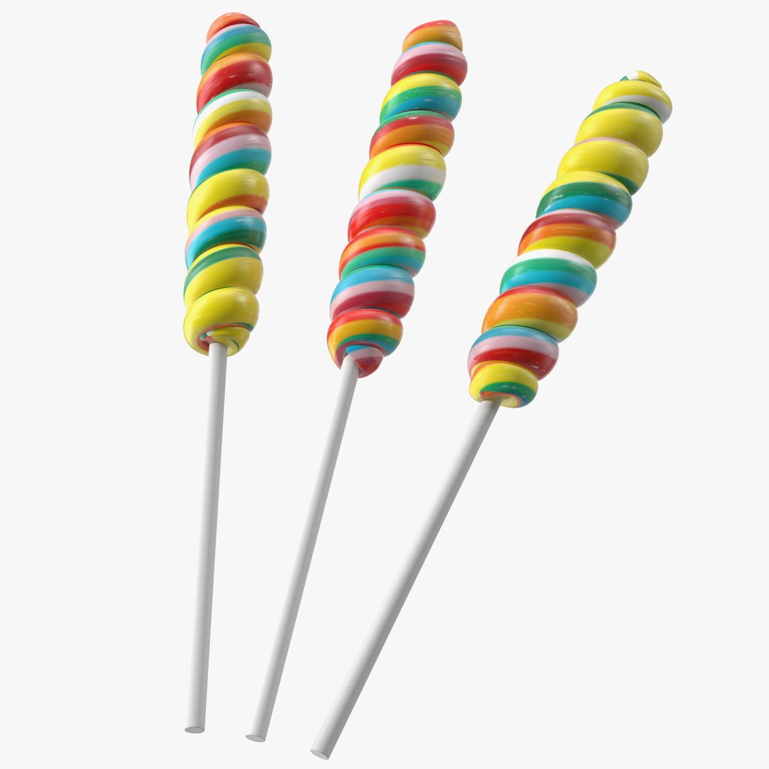 Three Rainbow Twisty Twirl Hard Lollipop Candy Sweets 3D model preview