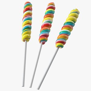 Three Rainbow Twisty Twirl Hard Lollipop Candy Sweets 3D