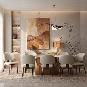 Mid-century Light Luxury Dining Room 3D Interior Scene