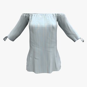 3D Off Shoulder Rolled Tied Sleeves Elastic Chest Striped Top