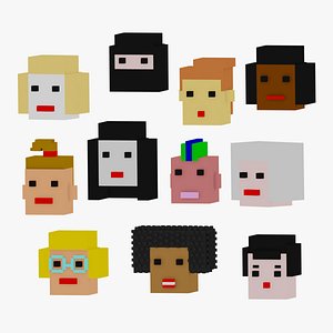 Set  of 11  females heads Voxel art cartoon