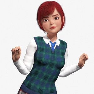 Red Hair and School Outfit Rigged Stylized High School Girl 3D Model model