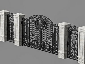 3D model Ornate Wrought Iron Gate With Stone Pillar Fence Set