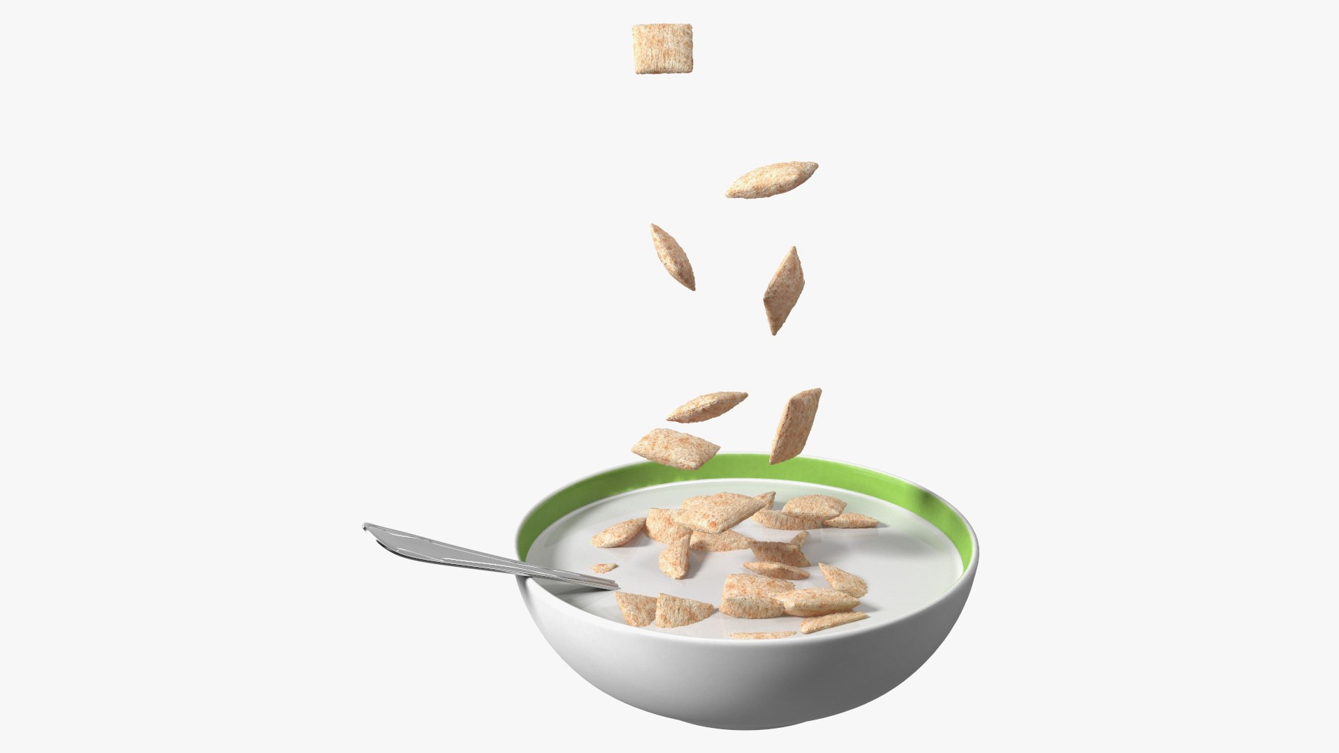 Breakfast Cereal Pads Falling in Bowl with Milk 3D model preview
