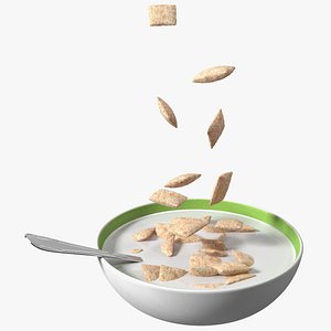 3D Breakfast Cereal Pads Falling in Bowl with Milk