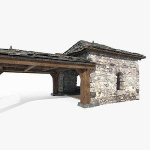 Medieval architectural logistics station tile-roofed house 3D model