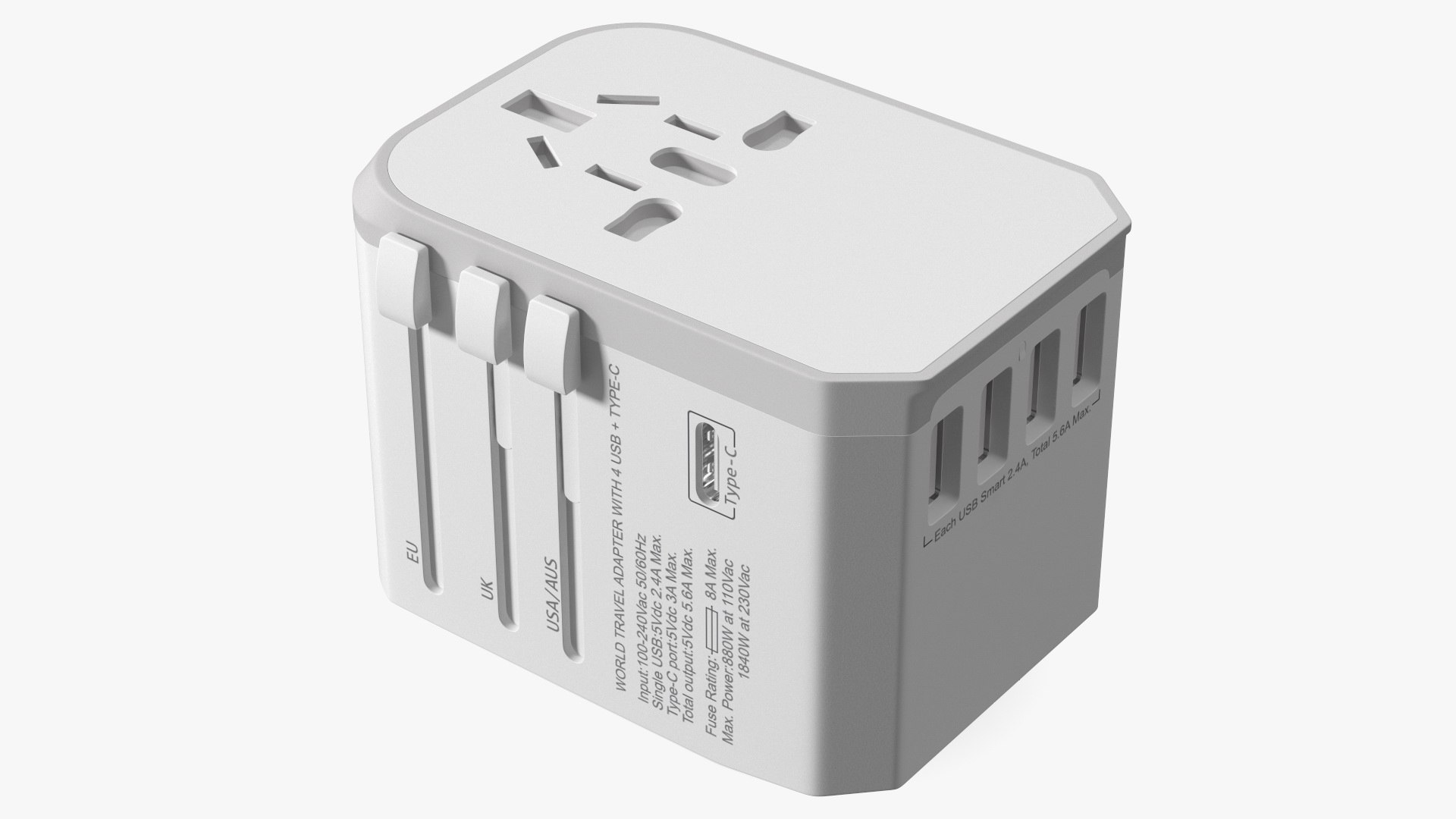 Universal Travel Adapter with USB White 3D model preview